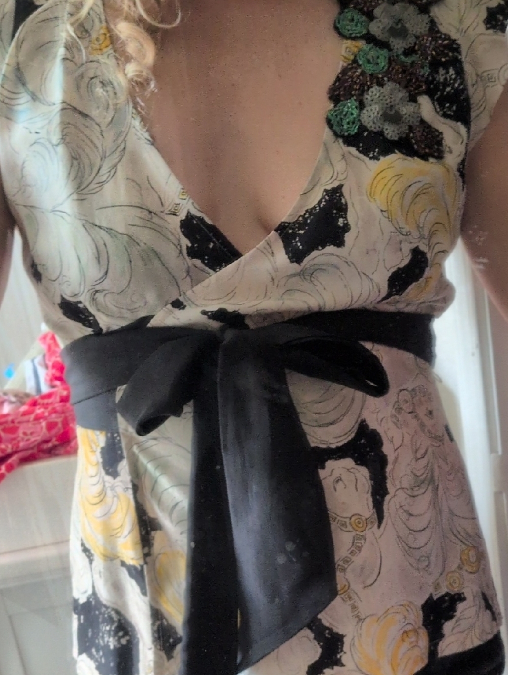 Odille Floral Wrap V-Neck Top with Black Waist Tie - Cream, Black, Yellow, Green